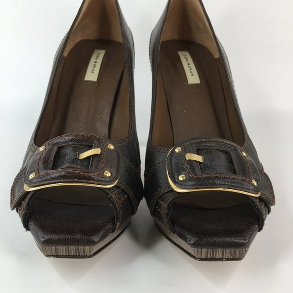 Zara Brown Leather Peep Toe Front Buckle Heels Size 41 - Picture 7 of 16